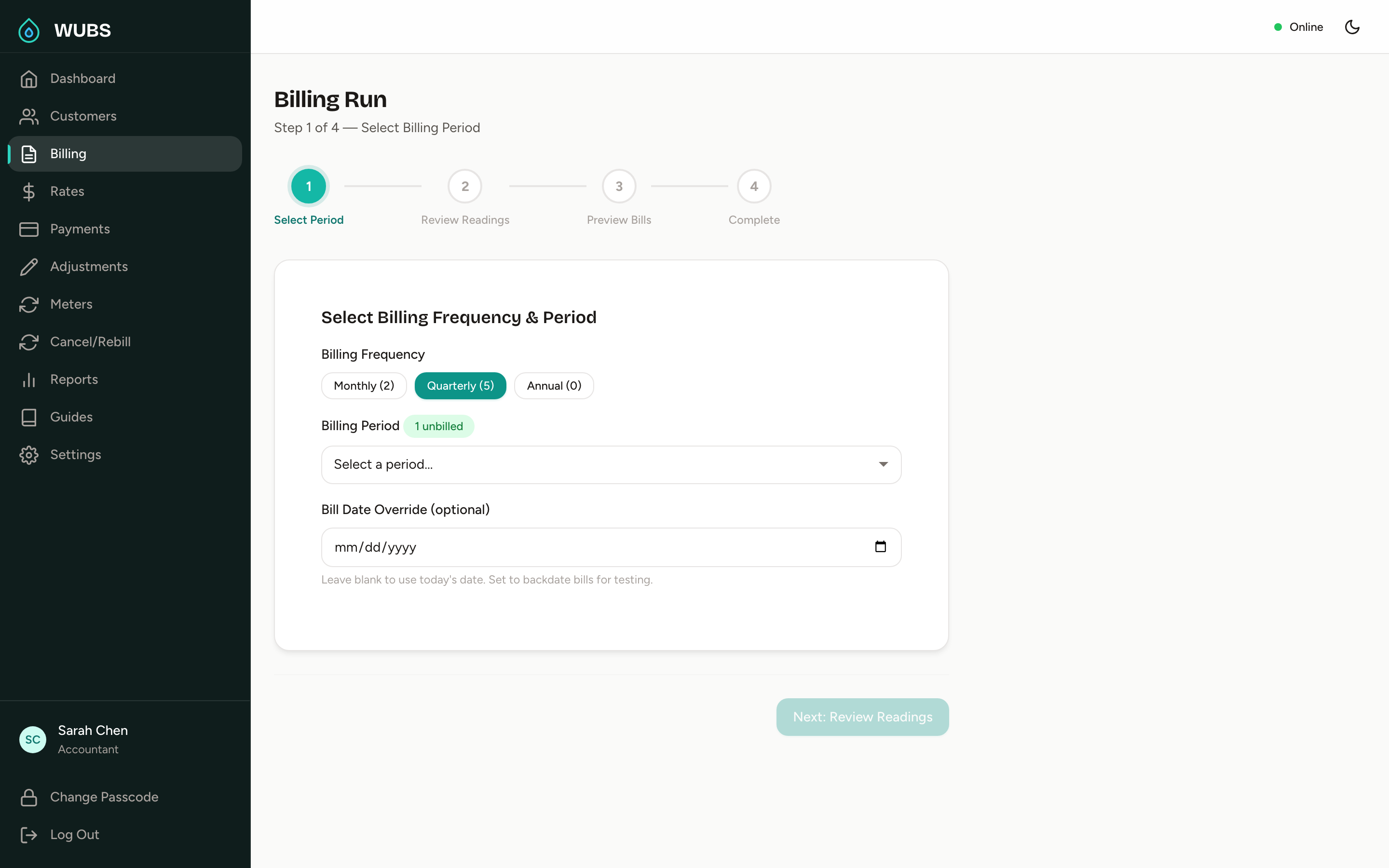 Billing run wizard showing step-by-step billing period selection and frequency options