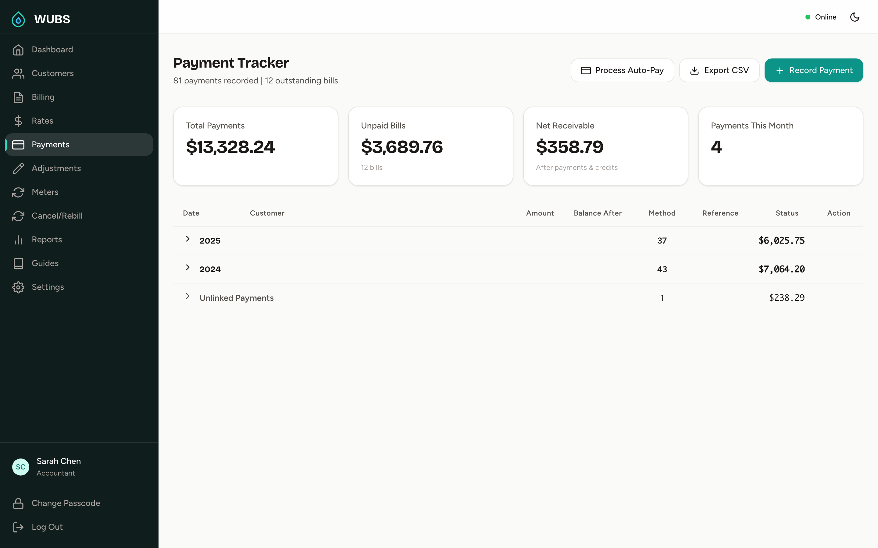 Payment tracker with KPI summary, total payments, unpaid bills, and net receivable